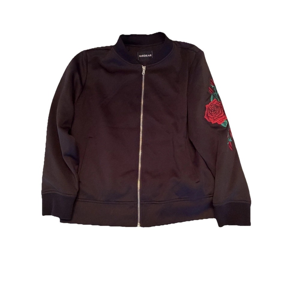 Girdear Women's Zip Up Black Jacker with Rose Embroidery